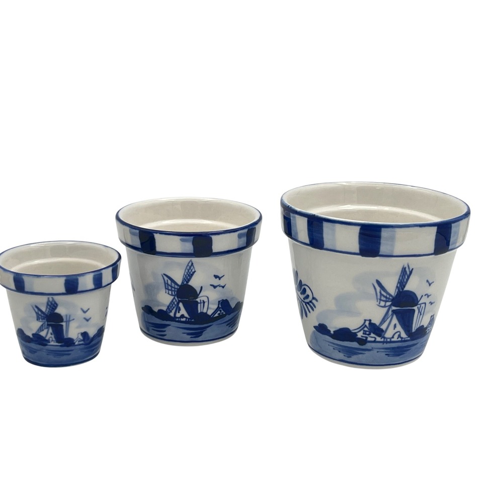 Handpainted Delft Blue Ceramic Planter Set 3 Windmill‎ Floral Dutch Pottery DAIC